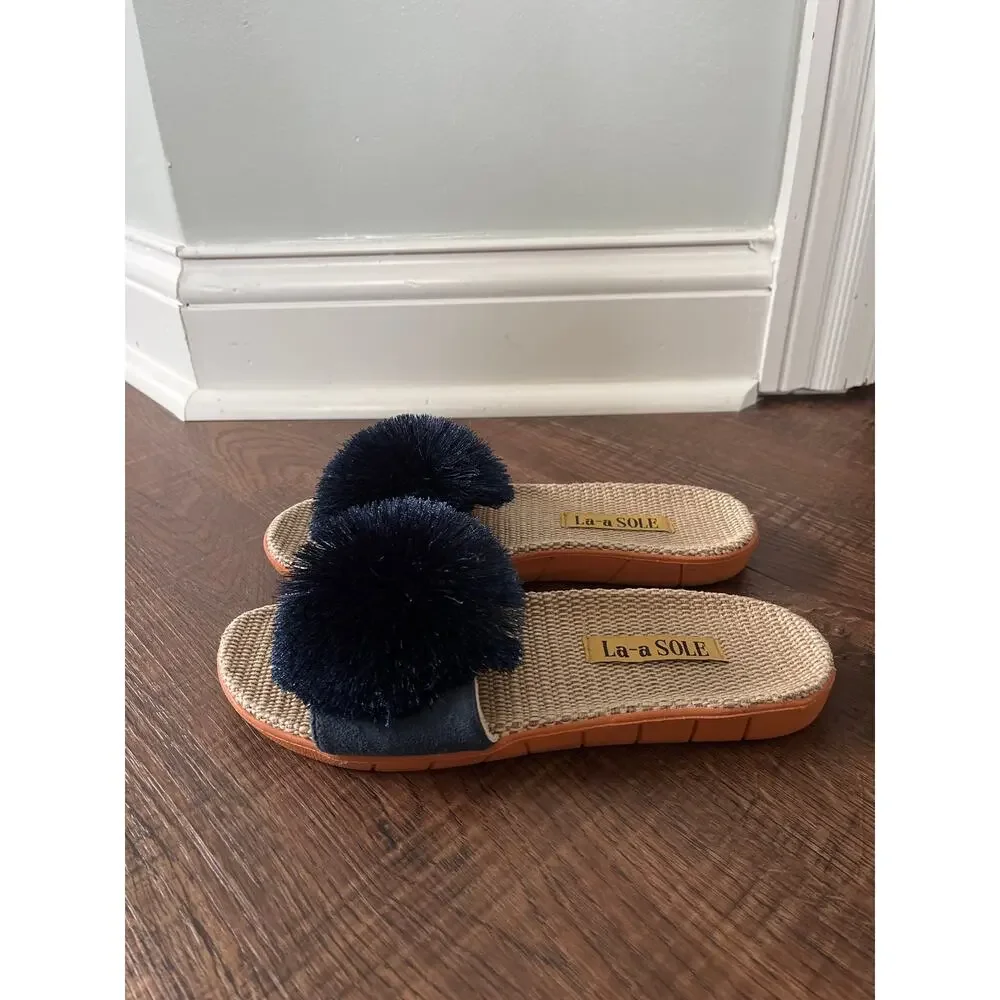 Navy Pom Pom Slide Sandals EU 37-38